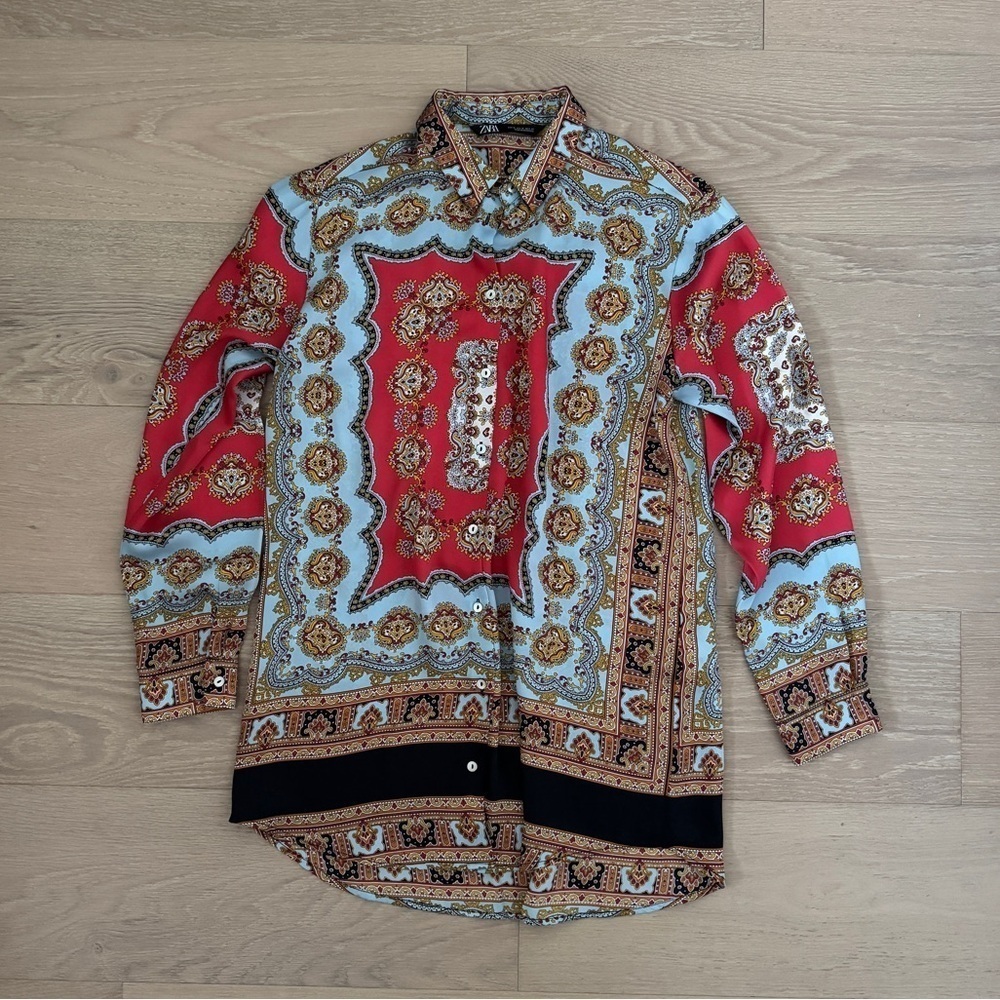 Zara Paisley Satin Button-Up Blouse Collared Multicolor Long Sleeve M